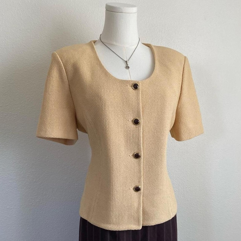 Vintage St. John Collection Santa Knit Blend Beige Short Sleeve Textured Button